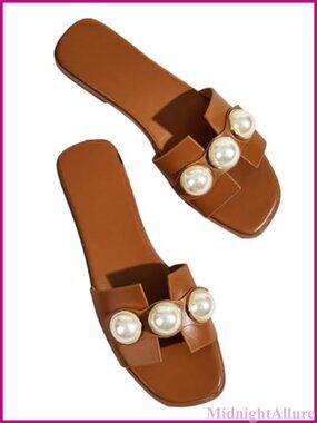 Pearl Flat Sandals Square Toe Dressy Slide Shoes